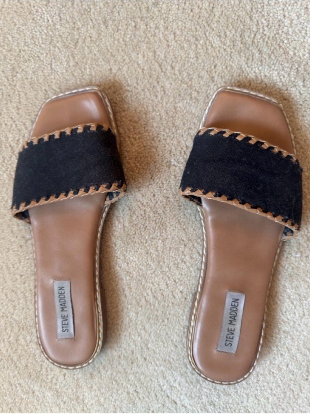 Steve Madden Black Strap Brown Footbed Slide Sandals